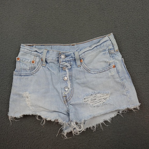 Levis 501 Denim Shorts Womens 24 Light Wash Button Fly Distressed High Rise - Picture 1 of 11